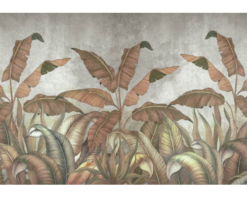 Jungleplanten en bladeren tegen een betonnen muur op dit fotobehang, met een contrast tussen natuur en industriële elementen.