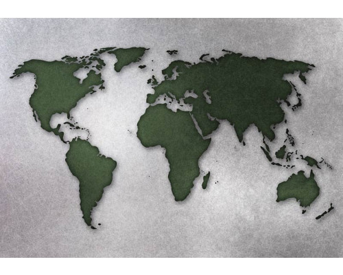 Fotobehang met een groene wereldkaart op een betonnen achtergrond, abstract ontwerp.