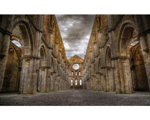 Kasteel met gotische architectuur en 3D-effecten op indrukwekkend fotobehang.