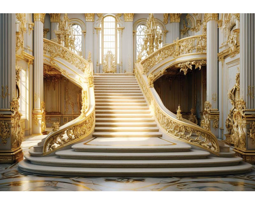 Fotobehang van een keizerlijke trap in een paleis, met gouden details en een 3D-weergave.