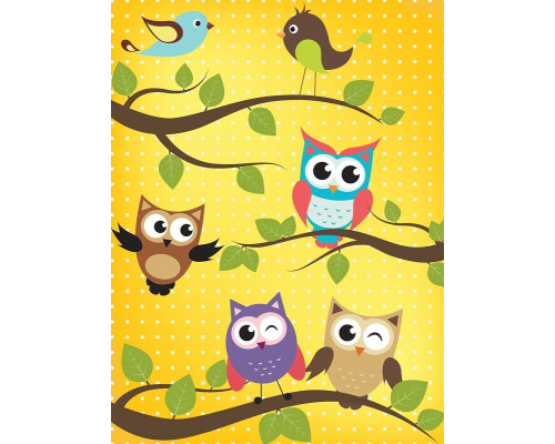 Fotobehang voor kinderkamers met uiltjes en vogels, kleurrijk en speels.