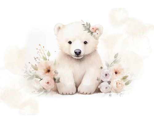 Fotobehang van een kleine ijsbeer met bloemen, vrolijk en speels voor kinderen.