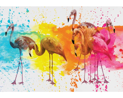 Fotobehang van een kleurrijke flamingo, weergegeven in een kunstzinnig schilderij.
