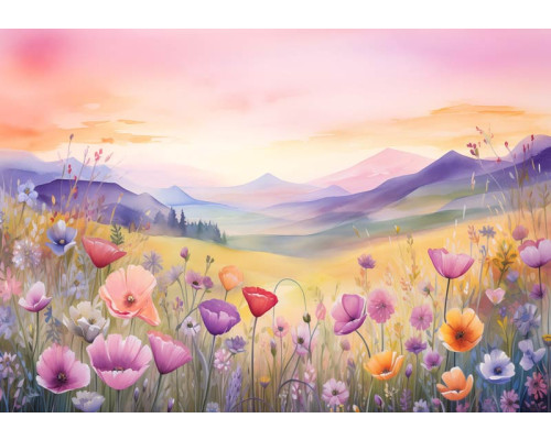 Fotobehang van een kleurrijk landschap met bloemen en natuur, met een schilderachtige en serene uitstraling.