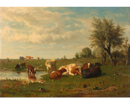 Fotobehang met een schilderachtig landschap van koeien grazend in een weide, geïnspireerd op het schilderij van Gerard Bilders uit 1860-1865.