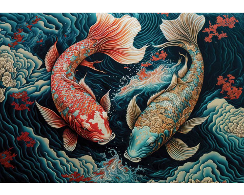 Koi-karper vissen zwemmen door het water, afgebeeld in een gedetailleerd kunstschilderij op fotobehang.