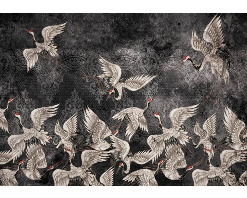 Zwart-wit abstracte kunst van kraanvogels op luxe fotobehang, ideaal voor een modern en stijlvol interieur.