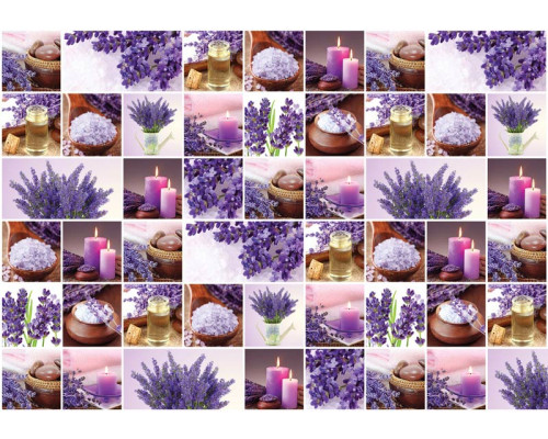 Fotobehang van een lavendelcollage, met paarse spa bloemen, kaarsen en een sauna.