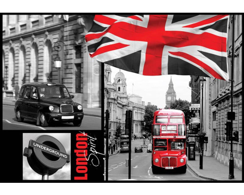 Londen stadsbeeld met vlag, bus en telefooncel, perfect weergegeven in dit iconische fotobehang van de Britse hoofdstad.