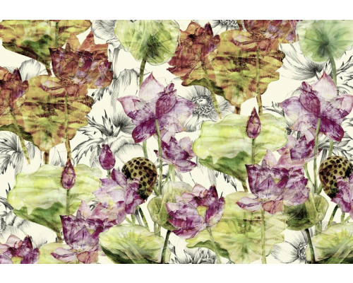 Lotusbloem fotobehang met delicate bloemen in een kunstzinnig en abstract ontwerp, ideaal voor rustgevende ruimtes.