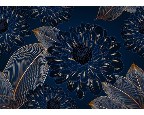 Een fotobehang met luxe chrysanten en gouden accenten, waarin elegante bloemen op een diepe achtergrond een verfijnde en exclusieve uitstraling geven.