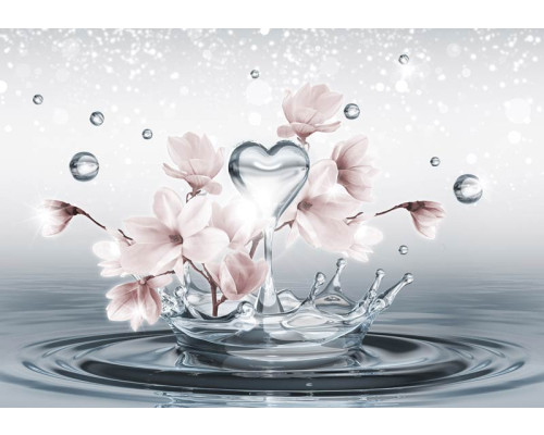 Magnolia bloemen, abstract weergegeven op een fotobehang met kunstige water spetters.
