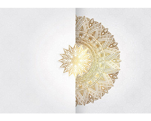Mandala in gouden tinten, kunstzinnig en abstract weergegeven, fotobehang dat elegantie en mystiek toevoegt aan de ruimte.