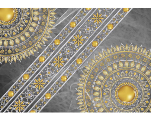 Fotobehang van een grijze mandala met gouden details, ideaal voor een elegante en rustgevende ruimte.