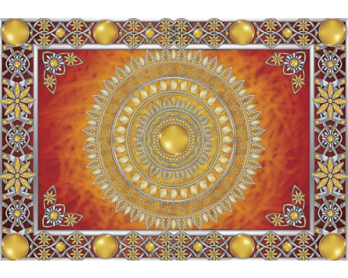 Fotobehang van een gouden mandala met een Tibetaans patroon, symbolen van boeddhistische kunst.