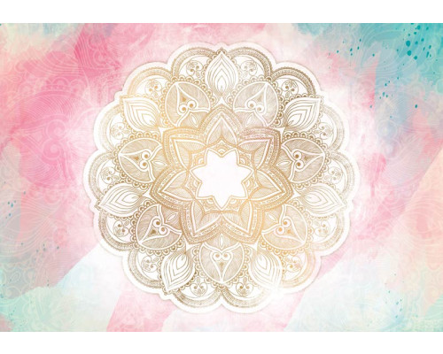 Fotobehang van een pastelkleurige mandala met symmetrische elementen in abstracte kunststijl.