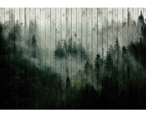 Mistig bos fotobehang met bomen op een houten planken achtergrond.
