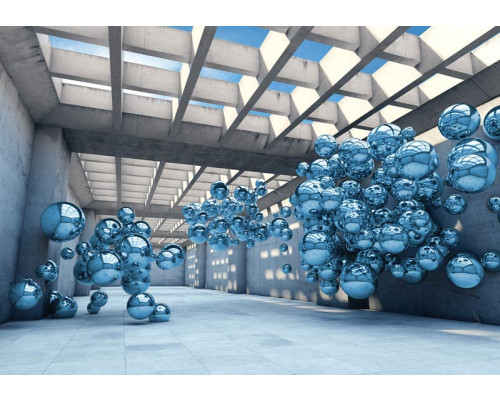 Blauwe metalen ballen, abstract weergegeven in een moderne ruimte op een stijlvol fotobehang.