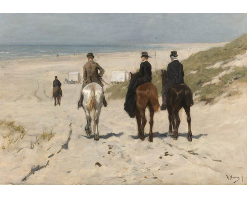 Fotobehang met een schilderij van Anton Mauve, Morgenrit langs het Strand, waarop ruiters te paard richting het strand rijden.