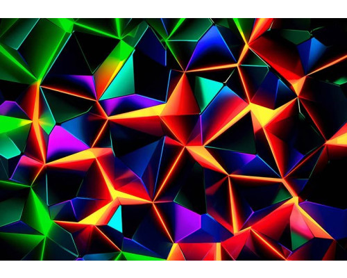 Fotobehang met scherpe digitale fragmenten in een kleurrijke neonmix van rood, paars, groen, blauw en geel.