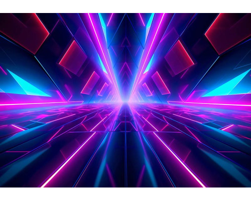 Fotobehang met een felgekleurde neon tunnel in 3D, met roze en blauwe lichtstralen die een futuristisch effect creëren.