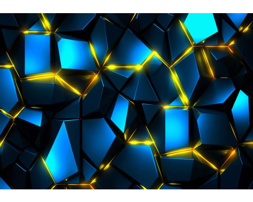 Fotobehang met blauwe fragmenten en fel oranje-geel neonlicht dat van achteren oplicht, in een futuristisch ontwerp.