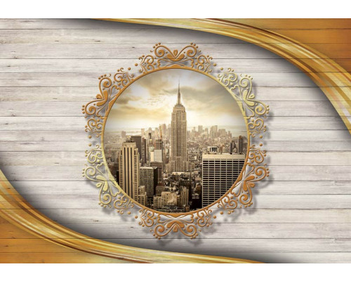 New York fotobehang met een vintage perspectief van houten planken en iconische gebouwen.