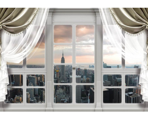 3D fotobehang van een uitzicht op de stad New York door een raam, met wolkenkrabbers.