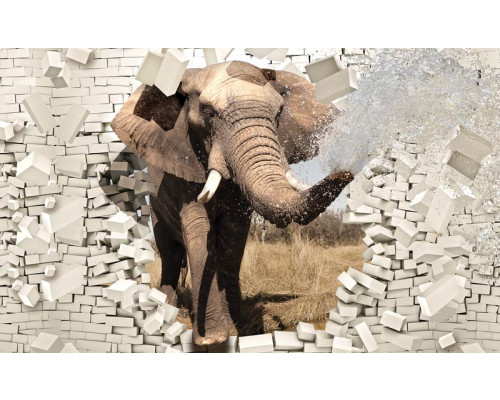 Fotobehang van een 3D-olifant die door een muur breekt, met een indrukwekkend visueel effect.