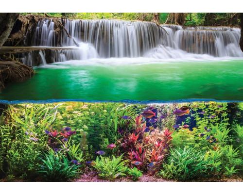 Onderwaterwereld fotobehang met een waterval en kleurrijke vissen, die een serene sfeer oproepen.