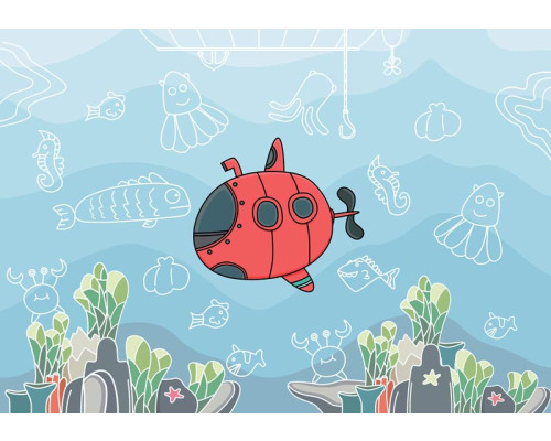 Fotobehang van een onderzeeboot en vissen in de onderwaterwereld, speciaal voor kinderkamers.