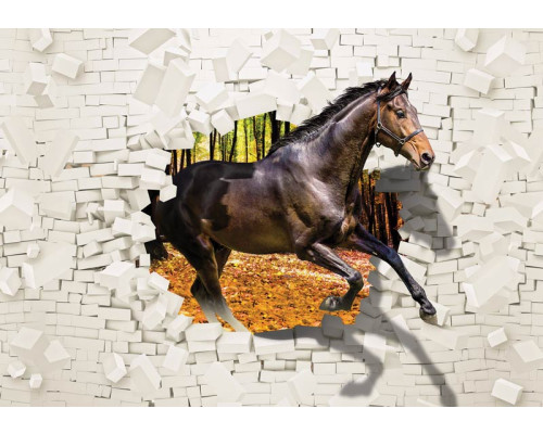 Fotobehang van een 3D-illusie van een paard dat door een gebroken muur springt, speciaal voor kinderkamers.