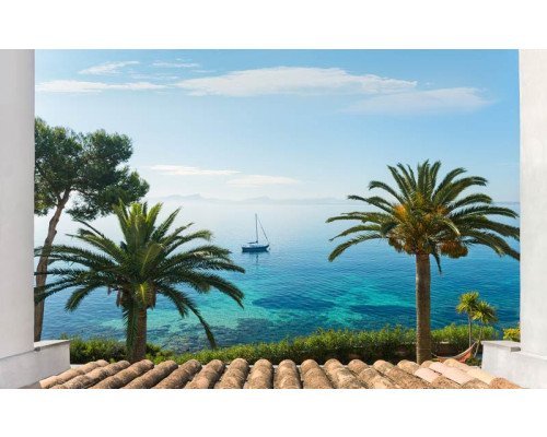 Paradise View fotobehang met uitzicht op palmbomen en de zee in Mallorca.