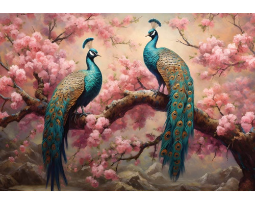 Pauwen afgebeeld op bloeiende kersenbloesem takken, een kunstzinnig fotobehang met bloemenpracht.