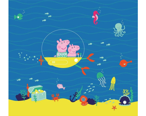 Fotobehang met Peppa Pig en George die varen in hun onderzeeër diep onder water, omringd door kleurrijke vissen en zeedieren.
