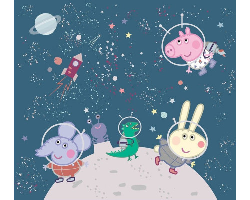 Peppa Pig haar vriendjes, inclusief George, in ruimtepakken zwevend tussen sterren en planeten in een kleurrijk fotobehang.