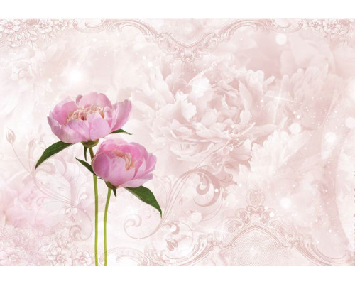 Roze pioenrozen en rozen in volle bloei, met een abstracte achtergrond voor een artistieke touch op dit fotobehang.