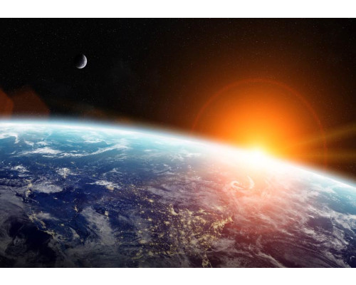 Aarde gezien vanuit de ruimte op dit fotobehang, met een adembenemend uitzicht op onze planeet in het universum.