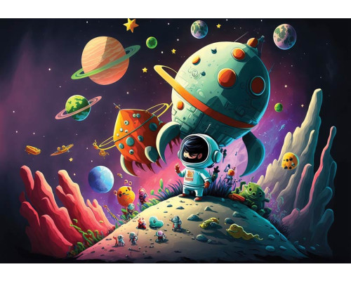 Fotobehang van planeten en raketten in de ruimte, geschikt voor kinderkamers met een speelse uitstraling.