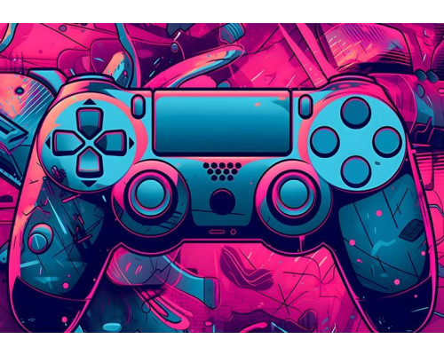 Fotobehang van een PlayStation-gamecontroller, sfeervol weergegeven in een stoere gamingstijl.