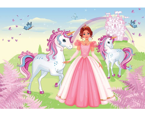 Fotobehang van een prinses met unicorns en een kasteel, sprookjesachtig en magisch.