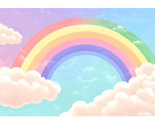 Fotobehang met een kleurrijke regenboog die door zachte wolken buigt tegen een lichtblauwe hemel.