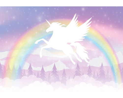 Fotobehang met een Pegasus en eenhoorn die tussen wolken en sterren zweven, wat een magische sfeer creëert.