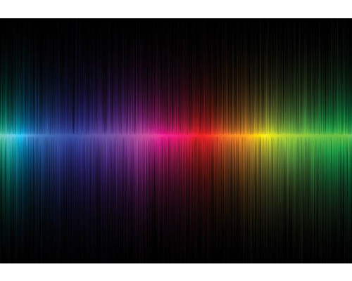 Fotobehang van een regenboogstraal die muziek en grafische vormen combineert, kleurrijke abstracte kunst.