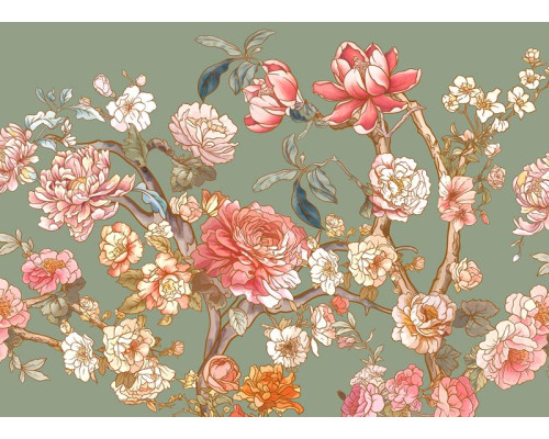 Een fotobehang met romantische bloesem, waarbij zachte roze en witte bloesems in volle bloei een dromerige en serene uitstraling creëren.