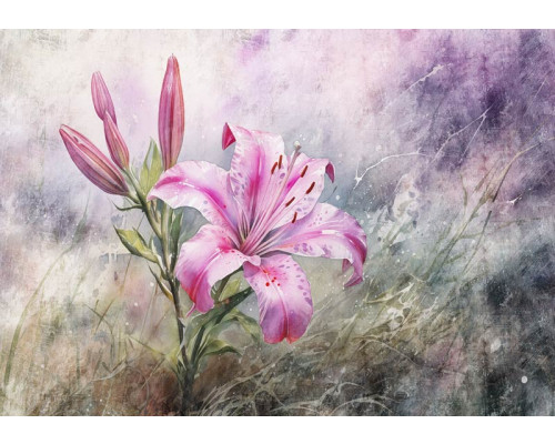 Fotobehang van roze lelies, weergegeven in een levendige bloemencompositie.