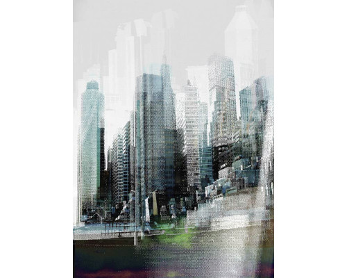 De skyline van een drukke stad, weergegeven in een abstract kunstwerk, perfect voor liefhebbers van moderne architectuur.