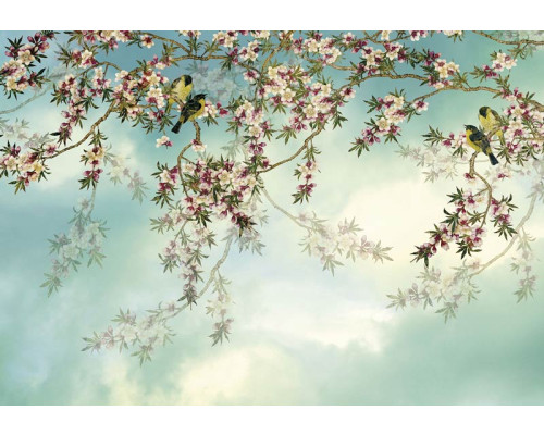Sakura bloemen aan bomen, weergegeven in een abstract kunstwerk, creëren een serene en natuurlijke sfeer in dit fotobehang.