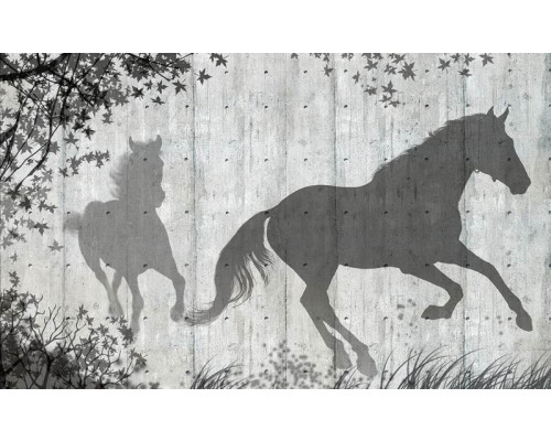 Fotobehang met een schaduw van paarden op een betonnen muur, met een industriële sfeer.