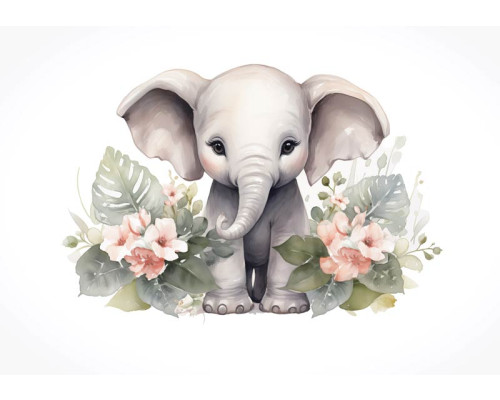 Fotobehang van een schattig olifantje omringd door bloemen, ideaal voor kinderkamers.